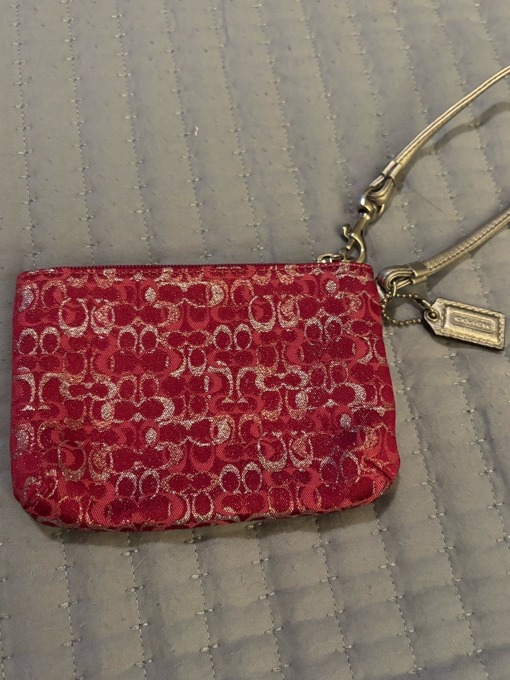 Coach Pink Signature Wristlet with Metallic Silver Accents CC Logo Jacquard 4x6